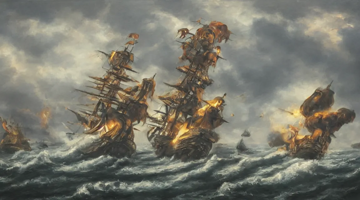 Image similar to oil painting of a pirate ship being attacked by a kraken