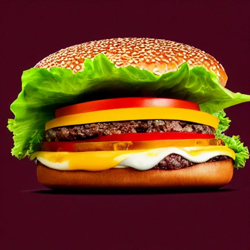 Image similar to a beautiful color - full flying ( ( ( double cheese burger ) ) ) juicy meat, sweaty salad and tomato, neutral background, tv advertisement video shot style, tv, ad, advertisement, tv spot, tv grain, tv colors