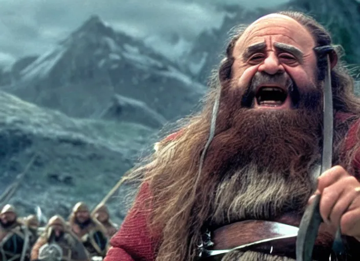 Image similar to film still of danny devito as gimli in lord of the rings movie, 8 k