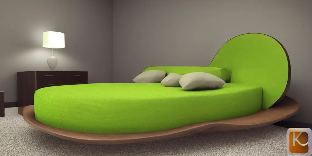 Image similar to a bed in the shape & color of an avocado!!!, furniture concept photo!!, 8k!!,amazing quality!!! Unreal engine 5!!! Studio lighting!!! Cinema 4D!!