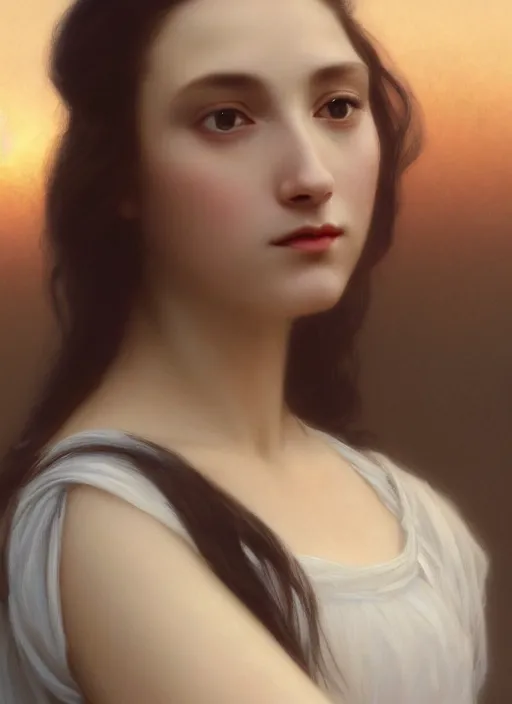 Image similar to oil painting close up portrait of a young woman with long dark flowing hair in a black dress, surrounded by white lilies!! at sunset, hazy, digital art, chiaroscuro, artstation, cinematic, golden hour, digital art painting by greg rutkowski, william - adolphe bouguereau, hazy atmosphere, cinematic lighting