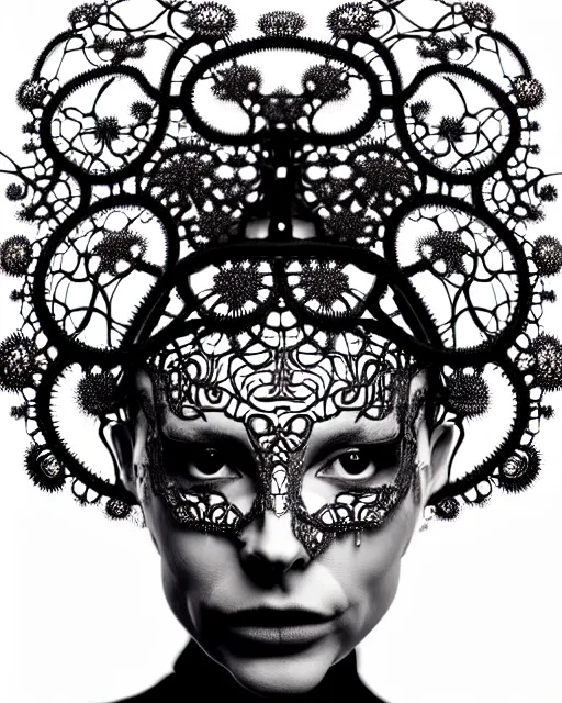 Image similar to surreal black and white photo portrait of complex biomechanical young female cyborg with a mandelbrot fractal metal fine lace face, silver hair, 150 mm lens, soft rim light, fine metal floral foliage super big lace collar, Alexander McQueen, high fashion, haute couture, rococo, steampunk, silver filigree details, anatomical, facial muscles, cable wires, microchip, elegant, hyper realistic, octane render, unreal engine, by Man Ray and Dora Maar, volumetric lighting, 8k,