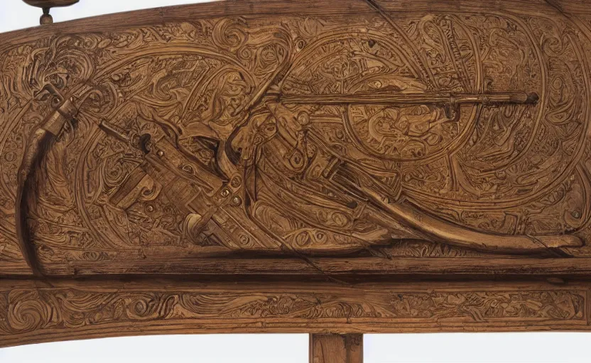 Image similar to golden musket with engravings laying on a wooden table, complex, high detail