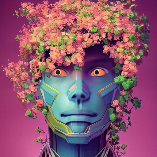 Image similar to colourful vfx art - portrait of mecha robot wrapped in flowers & vines, art by hsiao - ron cheng & james jean, volumetric light, colourful, sharp, detailed, digital painting, illustration, illustration, highly detailed, intricate detail, unreal engine, octae render, pinterest, behance, art station,