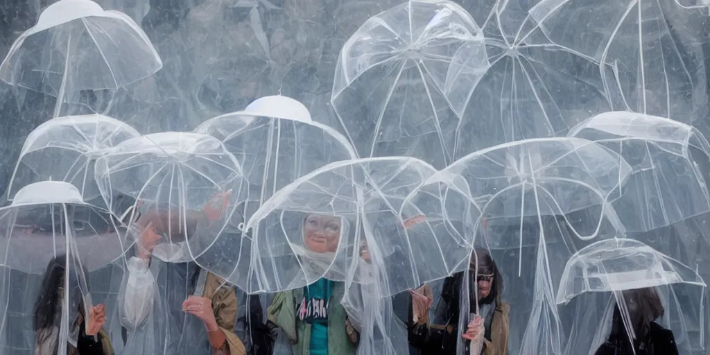 Image similar to people in transparent raincoats holding transparent umbrellas