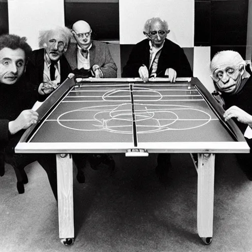 Prompt: Picasso, Einstein and Stephen Hawking play table soccer photo