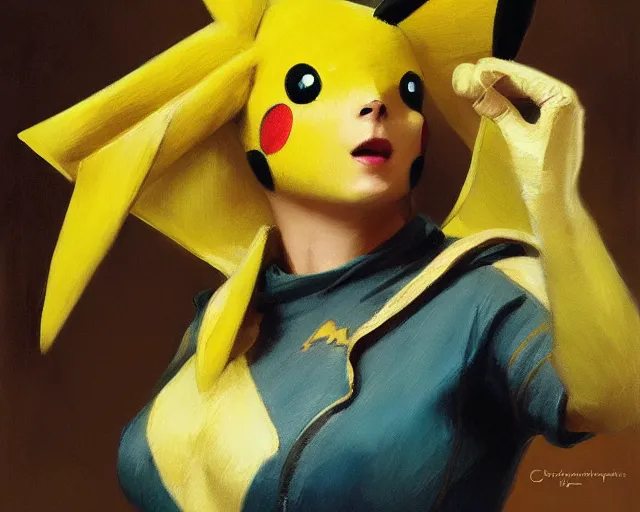 Image similar to woman in a costume of pikachu, photo by gaston bussiere, craig mullins, j. c. leyendecker