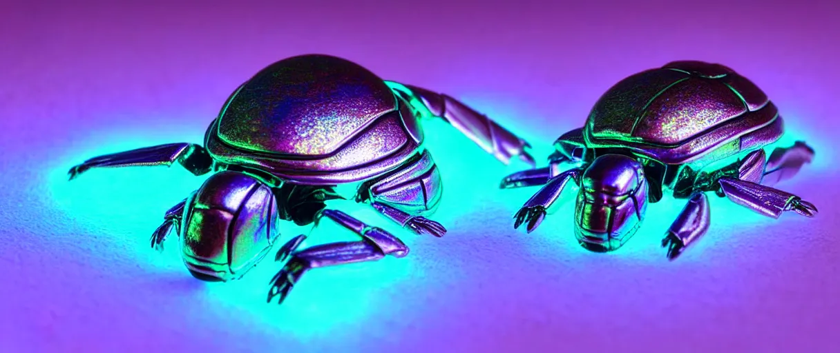 Image similar to high quality photo glowy iridescent cyborg scarab! jeweled very beautiful! highly detailed digital art david ligare elson peter cinematic purple neon lighting high quality low angle hd 8k sharp shallow depth of field