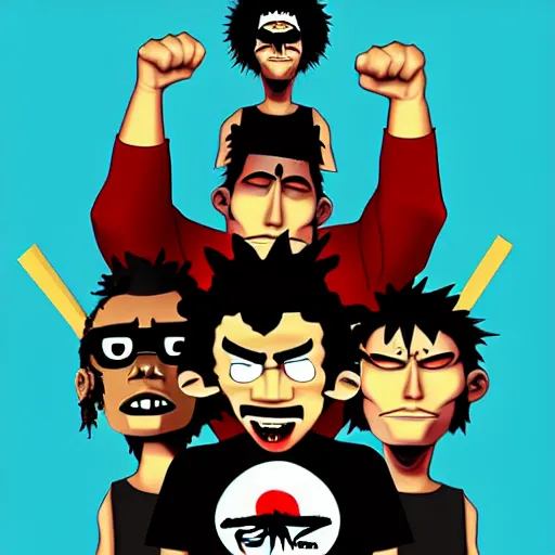 Prompt: [ rage against the machine ] band memebers in style of gorillaz!!, digital art, 2 d, cartoon style, artstation