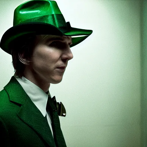 Image similar to film still of Paul Dano as Riddler in a green suit and tie and green fedora in The Batman, 4k, dark lighting, film noir, grainy, dark tone