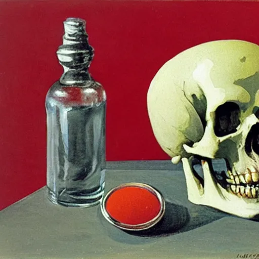 Prompt: transparent red liquid inside in a transparent skull, alexandre benois