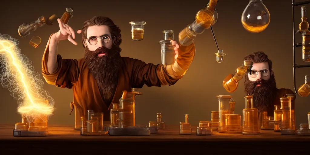 Image similar to a handsome bearded caucasian male sorcerer with brown hair he is casting a spell with flowing energy, he is in a alchemist lab filled with beakers and equipment, neutral pose, epic composition, 4 k, light rays, by dave melvin 3. 0 | dan luvisi 1. 0 | gilles beloeil 2. 5