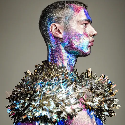 Prompt: a portrait of a beautiful young male wearing an alexander mcqueen armor made of holographic flowers , photographed by andrew thomas huang, artistic