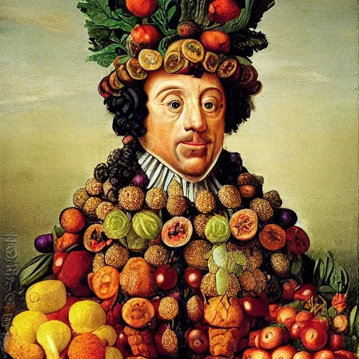 Prompt: portrait of king charles the 4 th made of fruits and vegetables by arcimboldo