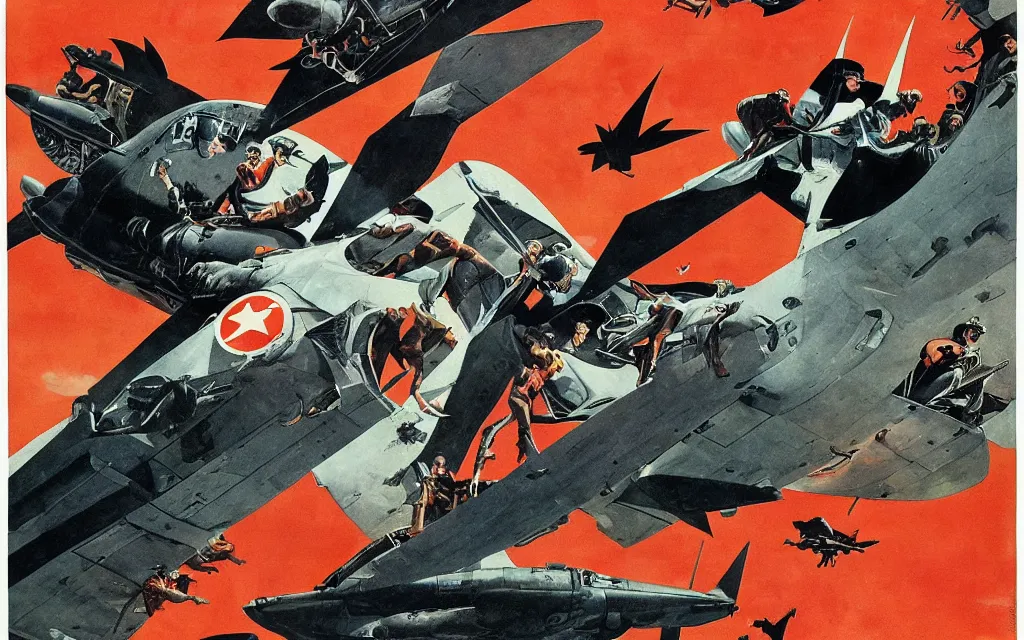 Prompt: batman's airplane, in the style of norman rockwell, cold war, propaganda poster, sci - fi illustrations, highly detailed, award - winning, patriotic, soviet, ussr, dark, gritty, ink