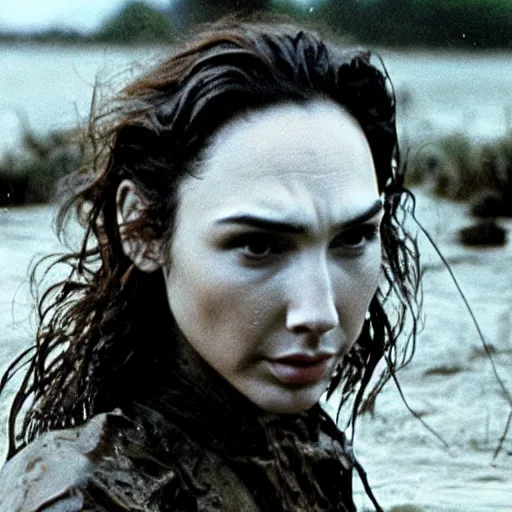 Image similar to film still, close up, gal gadot rising out of muddy vietnam river, face covered in mud, low camera angle at water level, night time, film still from apocalypse now ( 1 9 7 9 ), 2 6 mm.