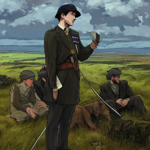 Prompt: irish rebel leader michael collins giving a speech to rebels in the irish countryside, highly detailed, digital painting, concept art, sharp focus, by makoto shinkai