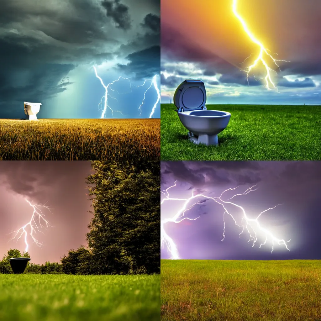 Prompt: a toilet on an open grass field, photography, 8 k, high - resolution, cinematic, dramatic lightning, golden hour