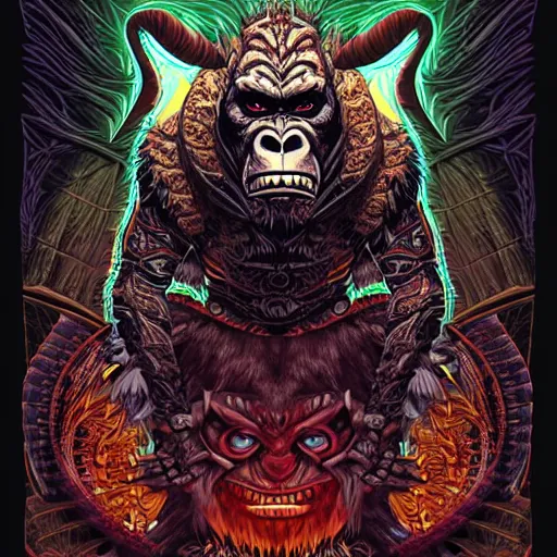 Image similar to barong family member, wiwek, mara demon, one single tribe member, jungle, one single mask, dark, ancient warrior, gorilla, lizard, tribal, inner glow, art by derek riggs and dan mumford and justin gerard