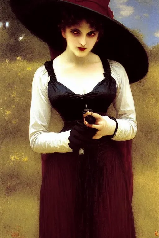 Image similar to victorian vampire in a big hat painting by rossetti bouguereau, detailed art, artstation