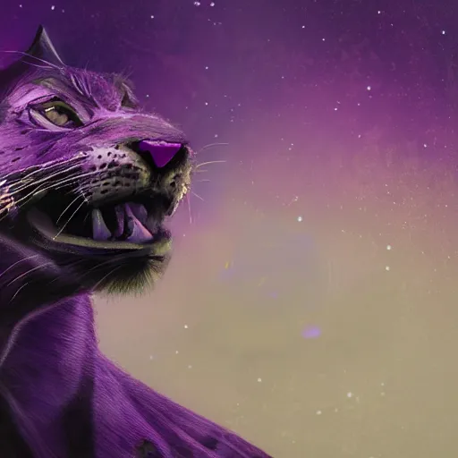 Prompt: closeup of a purple panther roaring at the moon in the forest. night. large moon in the center. a. cinematic. painting. concept art. rustic. gritty.