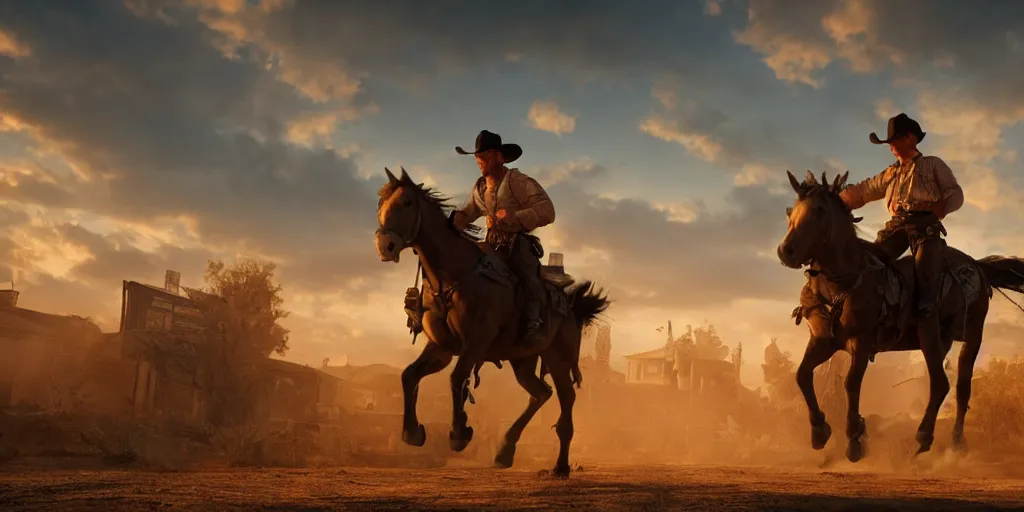 Image similar to rugged sheriff riding his horse through a busy old - west town, detailed, volumetric lighting, cinematic, in the style of fredrick remington