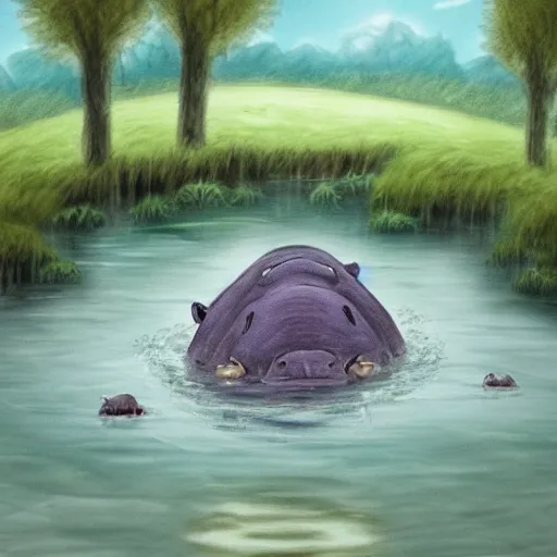 Image similar to sad hippo waking up in a beautiful river landscape, drawn by brigette barager, trending on artstation