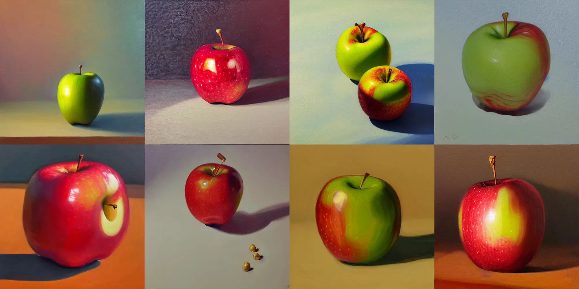 Prompt: Painting of a realistic apple made of glass, the sun illuminating the apple from within, oil on canvas by Buchholz Quint, artstation trending, 8k