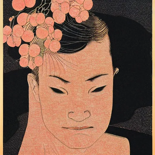Image similar to michael c hall portrait by ikenaga yasunari and ayana otake and ko rakusui, 6 0 s poster, drawing, realistic, sharp focus, japanese, dreamy, nostalgia, faded, golden hues, floral clothes
