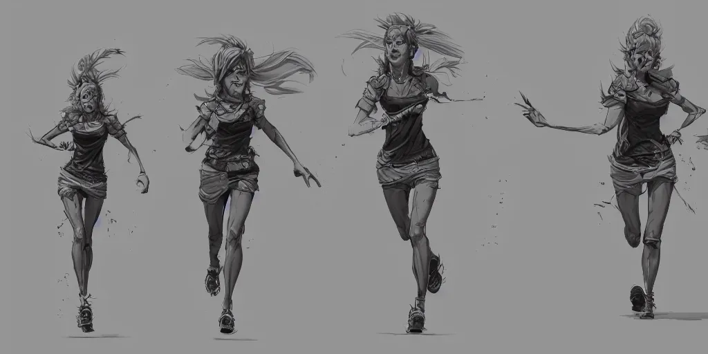 Image similar to cartoonish brigitte bardot running, character sheet, fine details, concept design, contrast, kim jung gi, greg rutkowski, trending on artstation, 8 k, full body, turnaround, front view, back view, ultra wide angle