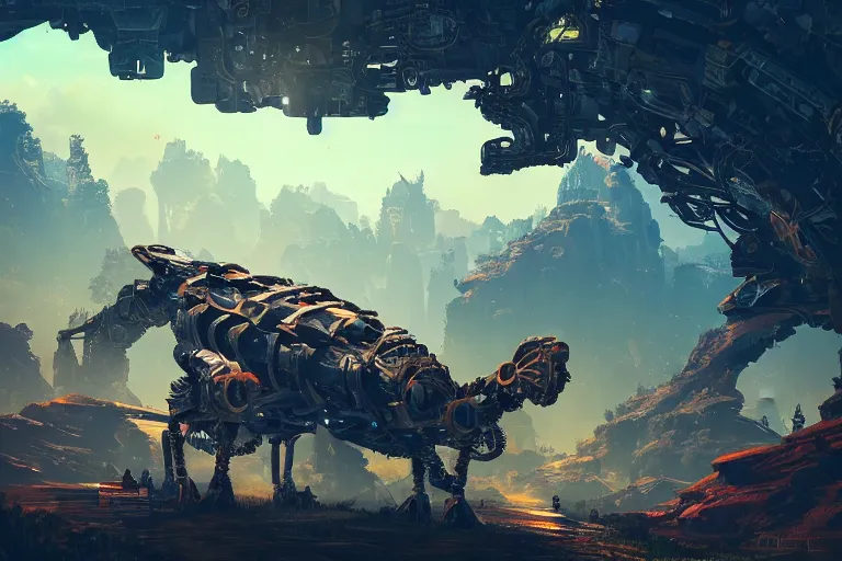 Image similar to slitherfang machine mecanical creature robot of horizon forbidden west horizon zero dawn radiating a glowing aura global illumination ray tracing hdr fanart arstation by ian pesty and alena aenami artworks in 4 k