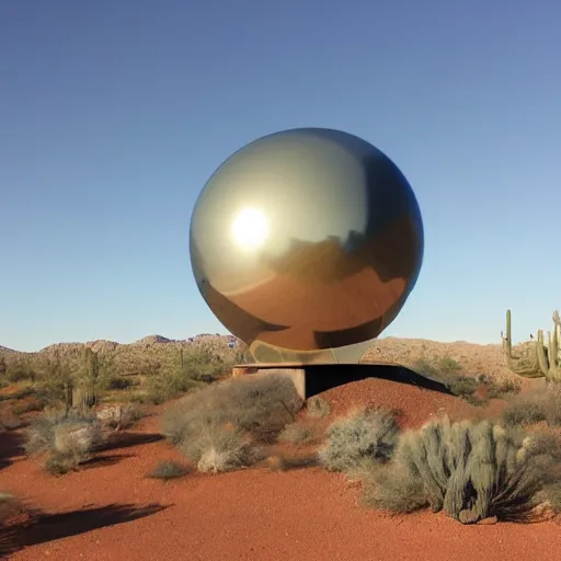 Prompt: a large metallic ball with a mirror finish sits in the arizona desert, photorealistic