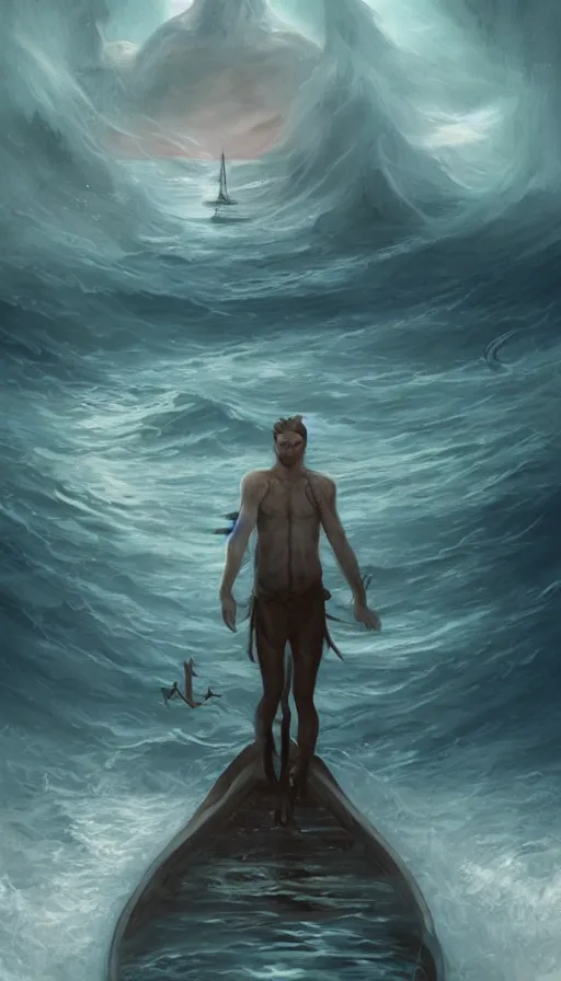 Prompt: man on boat crossing a body of water in hell with creatures in the water, sea of souls, by charlie bowater