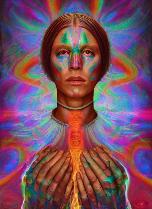 Image similar to portrait ultra dimensional cult girl shaman, accidentally tripping on dmt and acid, psychedelic experience, ascending through the fifth dimension moving at the speed of light and sitting still, ultra high definition, unreal engine 5, hyperrealism, masterpiece composition, by peter kemp, casey weldon, barclay shaw