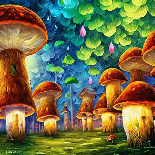 Prompt: glowing mushroom houses in a forest village, art by ricardo bofill, james christensen, rob gonsalves, paul lehr, leonid afremov and tim white