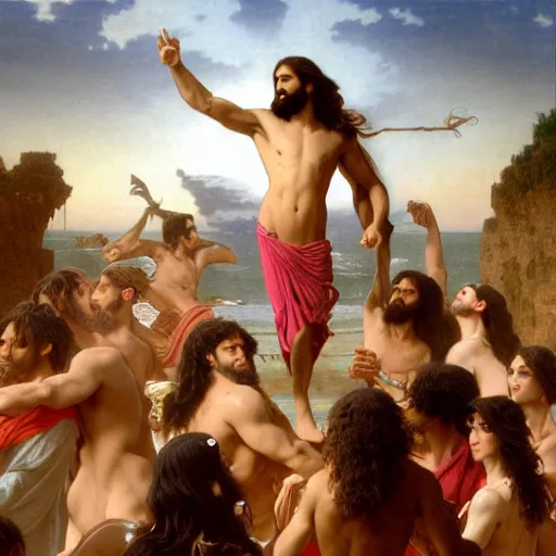 Image similar to an extremely detailed matte painting of a ridiculously good looking jesus that looks like a jewish gigachad with his 1 2 apostle entourage droing keg stands, long curly hair, elegant ancient greek dress, very detailed, windy beach, beautiful, intricate, cinematic, artstation, william bouguereau, alphonse mucha, greg rutkowski, rossdraws, octane render