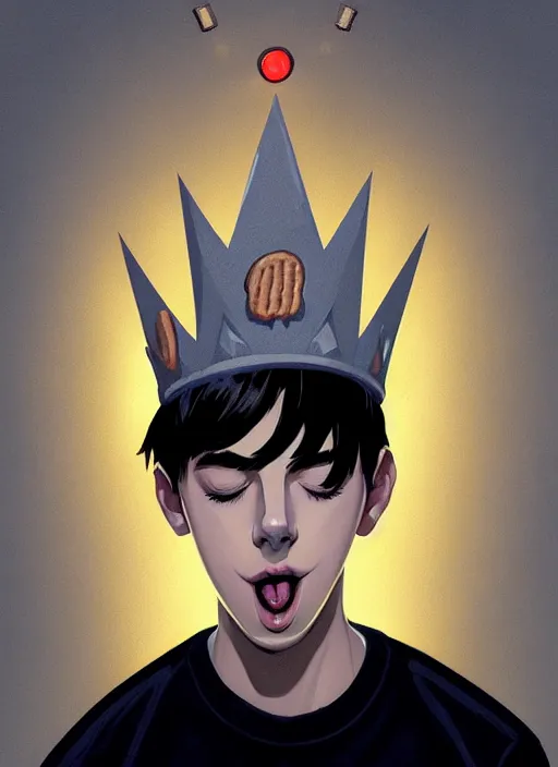 Image similar to portrait of teenage jughead jones wearing a light grey crown, crown, eating hamburger, eyes closed, crown, black hair, intricate, elegant, glowing lights, warm lighting, highly detailed, digital painting, artstation, concept art, smooth, sharp focus, illustration, art by wlop, mars ravelo and greg rutkowski