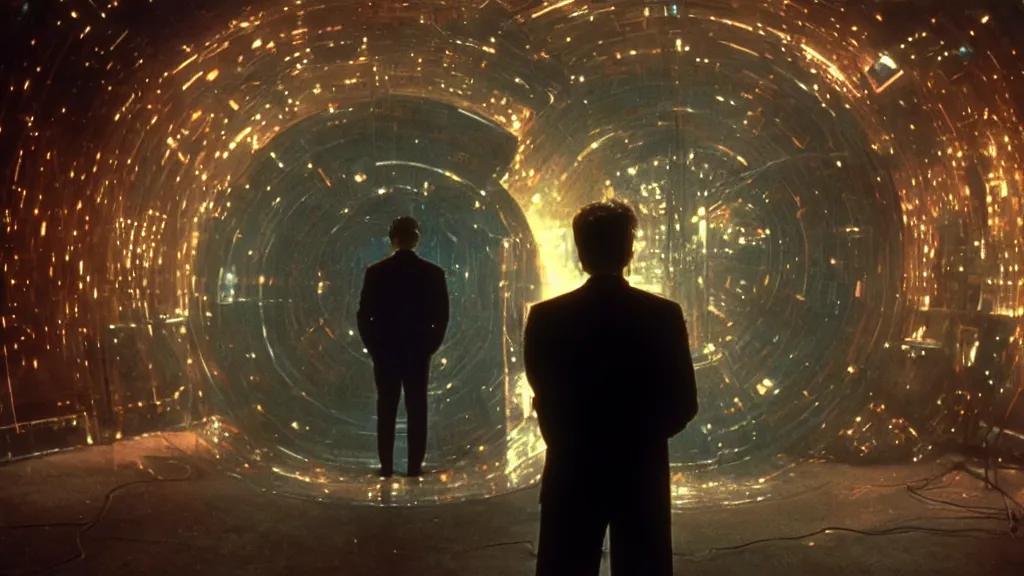 Image similar to movie scene of a man standing in front of a multiverse machine, movie still, cinematic composition, cinematic light, pastel color scheme, by david lynch and ridley scott