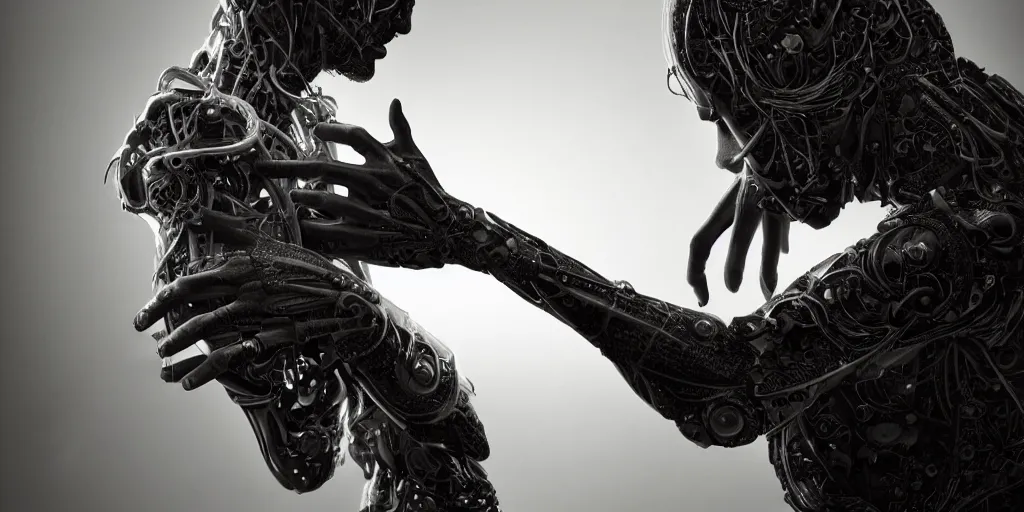 Image similar to hyper realistic photography of a stunningly beautiful cyborg male, elbow, plated arm, intimate, holding close, in the style of beth cavener, jin kagetsu,, and wlop, highly detailed, intricate filigree, symmetry, masterpiece, award winning, sharp focus, concept art, highkey lighting, ambient lighting, octane render, 8 k, artstation