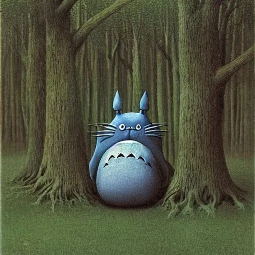 Prompt: Creepy Totoro hiding behind a tree, Studio Ghiblo, Zdzisław Beksiński