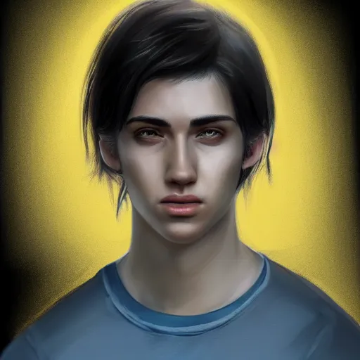 Image similar to ultra realistic illustration, a young man with black hair, in a yellow t - shirt, with blue eyes, highly detailed, digital painting, artstation, concept art, smooth, sharp focus, illustration