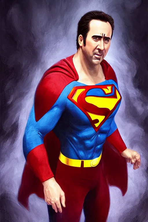 Image similar to Prtrait of Nicolas Cage as superman cinematic lighting, intricate, elegant, highly detailed, digital painting, artstation, painted by Artgerm and Mark Waid and Greg Rutkowski