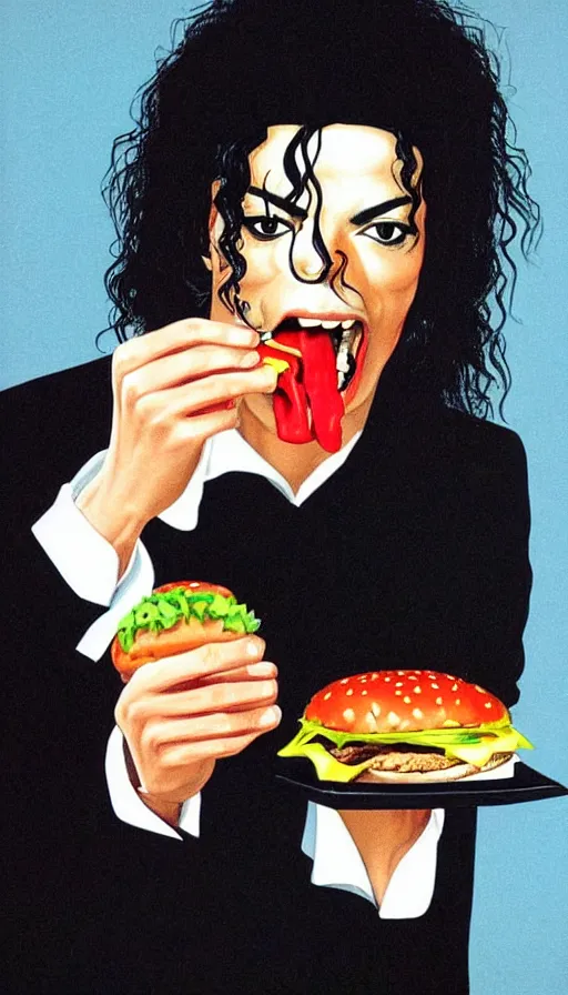 Prompt: michael jackson eating a hamburger 1 9 8 9. portrait by jean giraud and anton otto fischer