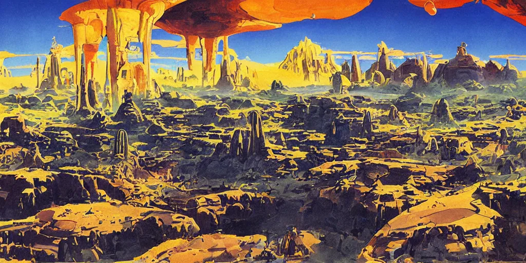 Prompt: incredible desert colony landscape on an alien planet, lush, by Robert McCall