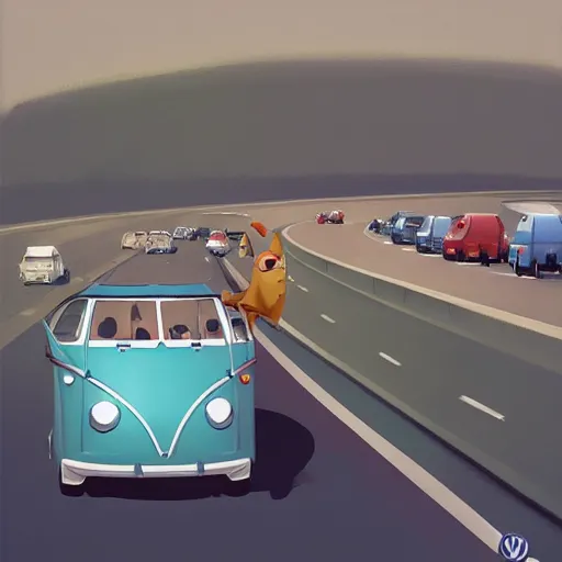 Image similar to goro fujita ilustration a volkswagen full of people on the highway, painting by goro fujita, sharp focus, highly detailed, artstation