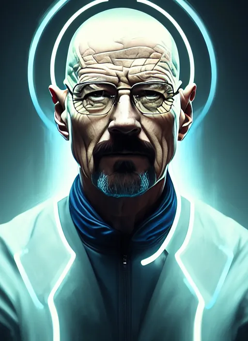 Prompt: symmetry portrait of walter white, sci - fi, tech wear, glowing lights intricate, elegant, highly detailed, digital painting, artstation, concept art, smooth, sharp focus, illustration, art by artgerm and greg rutkowski and alphonse mucha