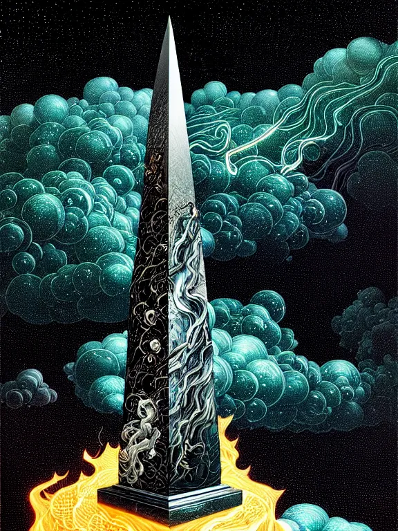 Image similar to black electric flames of silver engulfing an obsidian obelisk by victo ngai and karol bak, rococo, smoky, highly detailed, hyperrealistic, energy, low light, high contrast, bright sky