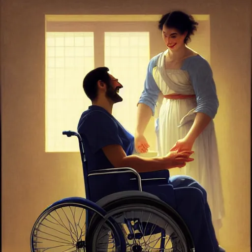 Image similar to a male patient in a wheelchair in the hospital with his wife and son standing by. happy, cheerful, smiling, intricate, face enhance, sharp focus, cinematic lighting, featured in artistation, 8 k, art by greg rutkowski, william adolphe bouguereau