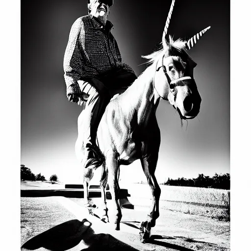 Image similar to jack nicholson riding a unicorn, gritty black and white photography, wide angle, 28mm