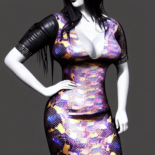 Image similar to curvy feminine hot goth cutie with elegant iridescent snakeskin leather dress, mosaic pattern, cgsociety, photorealistic, sublime ambience, idealistic, 16k, smooth, sharp focus, trending on ArtStation, volumetric lighting, fully clothed, worksafe